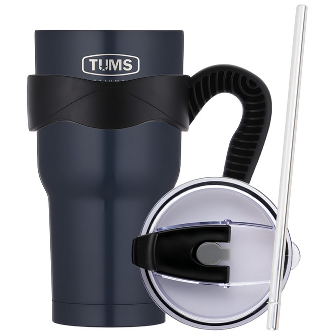 TUMS New Mega 冰霸杯手柄杯架組 304不鏽鋼吸管, 深藍色, 900ml, 1組