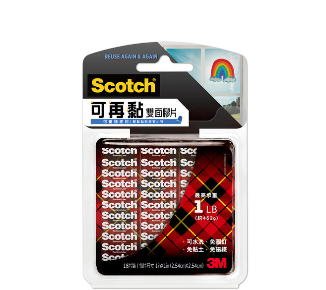 3M Scotch R100S 可再黏雙面膠片 18片 1x1吋(2.54x2.54cm), 透明色, 1組