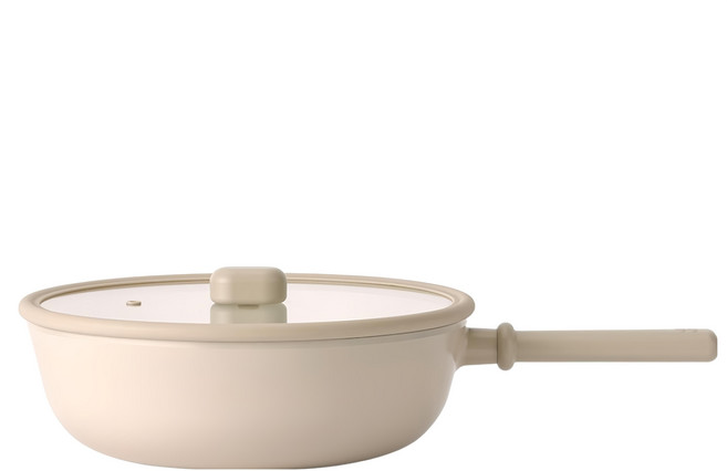 NEOFLAM 台灣公司貨 經典Chouchou系列 電磁爐適用 陶瓷塗層鑄造炒鍋 + 玻璃蓋, 奶茶色, 炒鍋 + 玻璃蓋, 1組