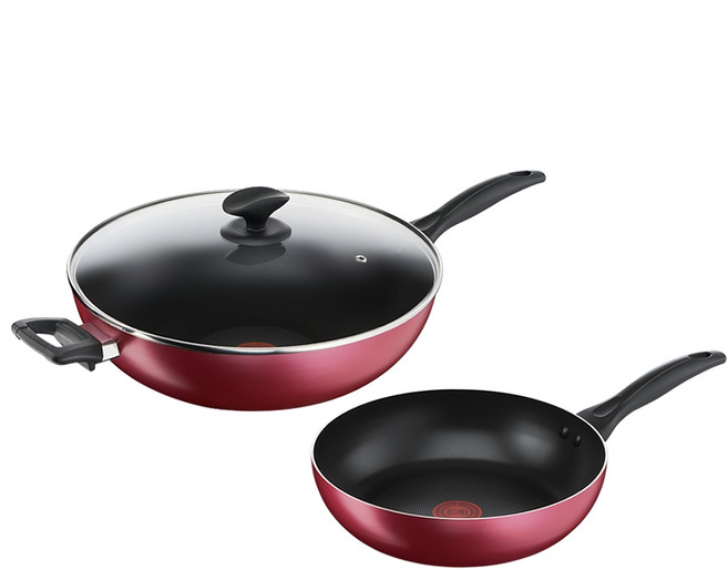 Tefal 特福 巴洛克系列不沾鍋具組 3入, 26公分平底鍋 + 32公分炒鍋加蓋, 紅色, 1組