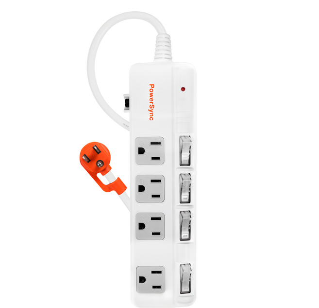 PowerSync 群加 3P4插斜面開關防雷擊抗搖擺延長線 4孔 TPS344BN9045, 4.5m, 1條, 白色