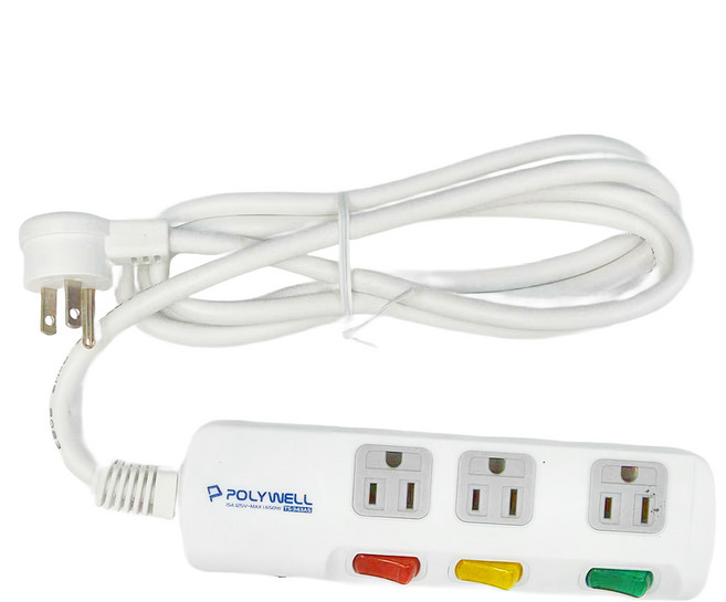 POLYWELL 寶利威爾 電源插座延長線 4切3座, 1.8m, 白色, 1個