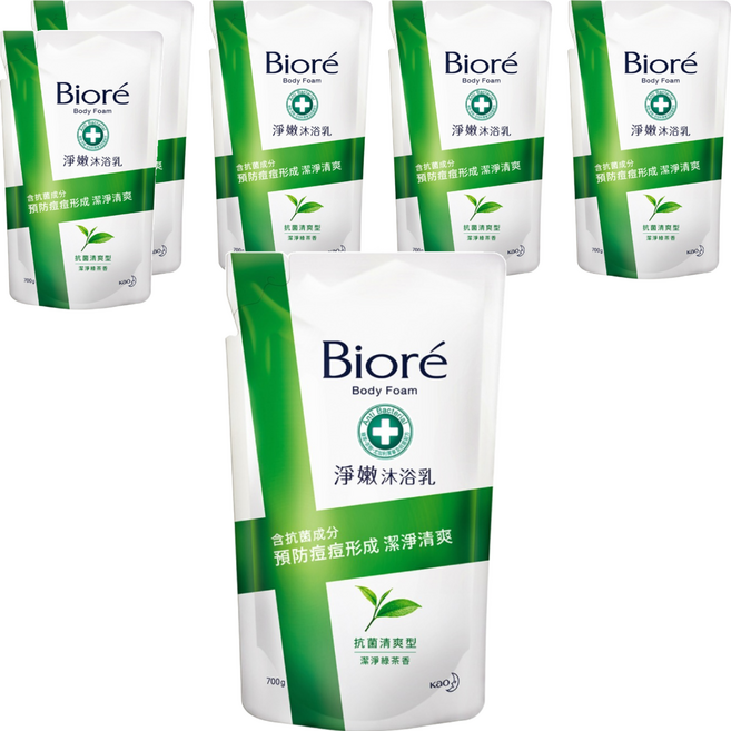 Biore 蜜妮 台灣公司貨 淨嫩沐浴乳 潔淨綠茶香 抗菌清爽型 補充包, 700g, 6包