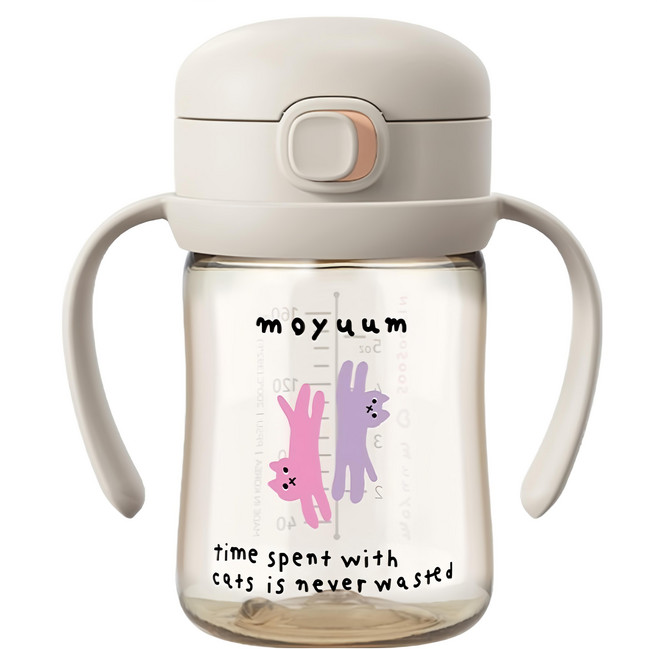 MOYUUM PPSU彈蓋吸管學飲水杯 SOOSOOJIN聯名款, 170ml, 1個, 貓咪夢境 暖杏白色