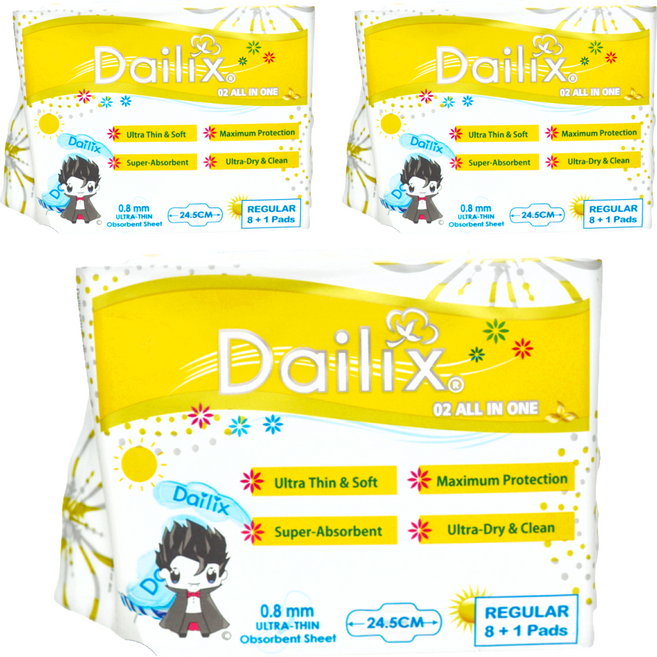 Dailix 吸血鬼 超瞬吸淨味乾爽衛生棉 0.08公分超薄棉體, 日用型(24.5cm), 9片, 3包