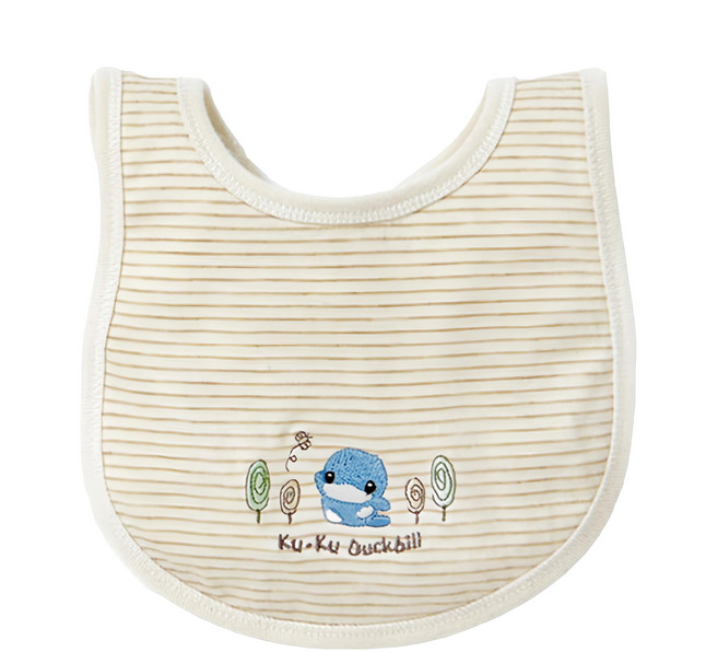 KU.KU Duckbill 酷咕鴨 有機純棉繡花小圍兜 無漂白無染色無甲醛 保護寶寶細嫩肌膚 黏扣式設計, 條紋 米白色 + 淺棕色, 1件, 1件