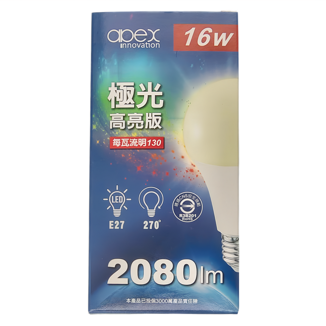 apex Innovation 16W 極光高亮版 LED燈泡 每瓦流明130 超廣角270度 2080lm 取代130W白熾燈泡, 黃光, 1盒