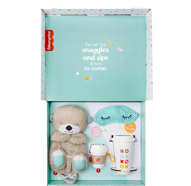 fisher-price 費雪 安撫玩樂套裝禮盒 水獺玩偶 + 固齒器 + 咖啡杯 + 眼罩 4件組