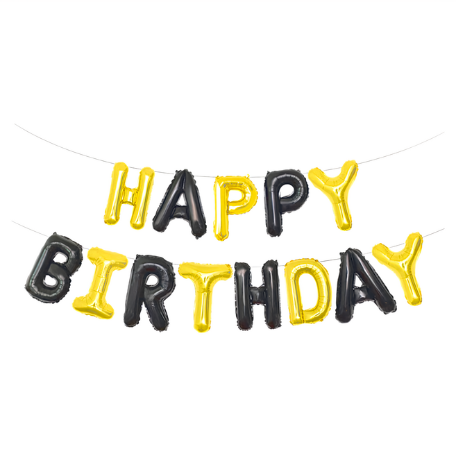 Mcolour Balloon 英文字母生日快樂鋁質氣球, 黑金, 1組