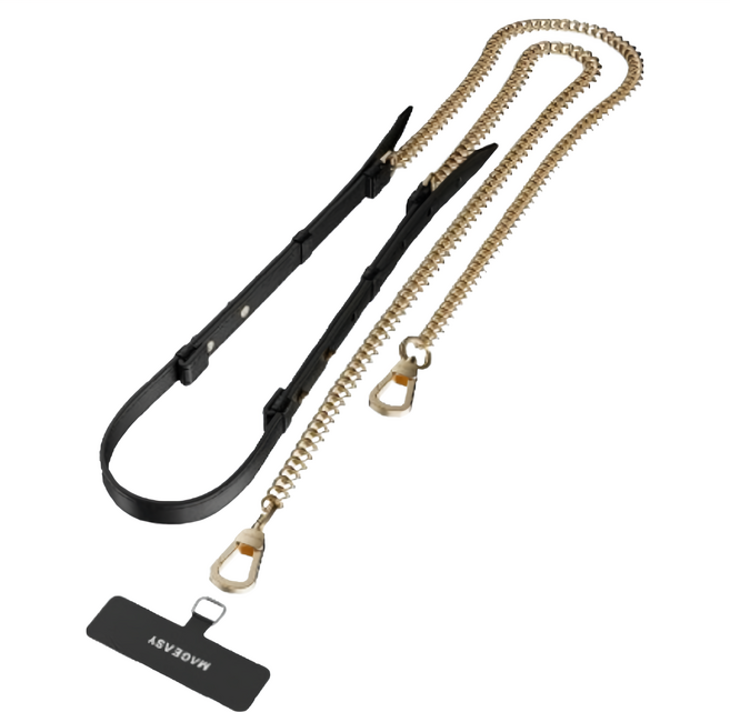 MAGEASY 皮革金屬鍊掛繩 + 掛繩片組, 皮革黑 + 金色, 1組