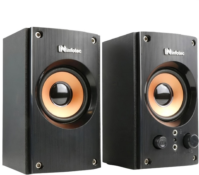 infotec 英富達 2.0聲道USB二件式木質喇叭 87 x 87 x 143mm 646g, INF-SP-RX8, 黑橘