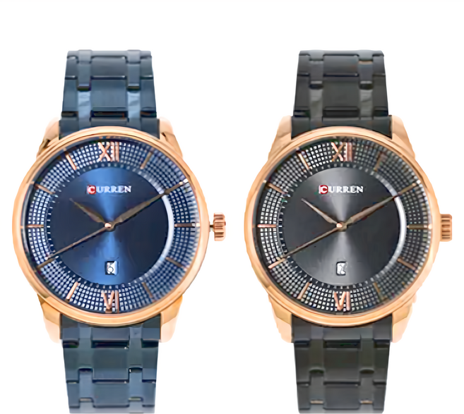CURREN WATCHES 卡瑞恩 RADIANT STAR 璀璨之星 愛之禮徘徊午夜巴黎釘紋1+1情侶對錶禮盒二入套組 WWCU835628 錶面 4.4cm + 錶帶16~20.2 x 2cm
