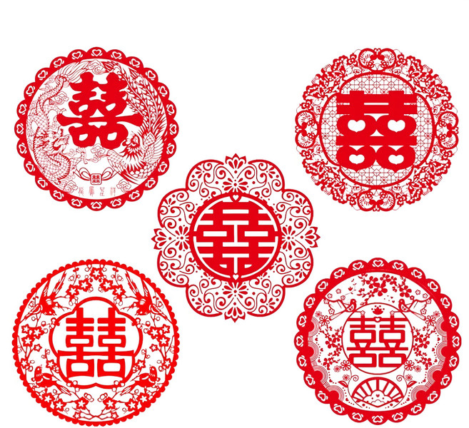 神崎家居 婚禮喜字靜電貼5件組, 紅色