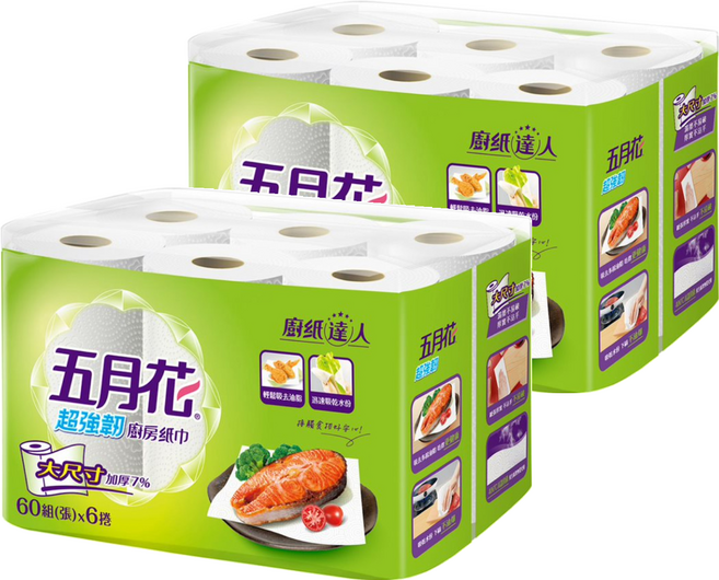 五月花 超強韌廚房紙巾 60張, 6捲, 2袋
