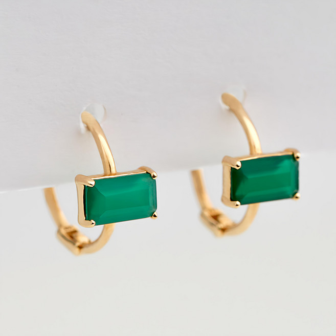 MONOLIZ 女款 14K 綠瑪瑙 長方形切割 單觸式環形耳環