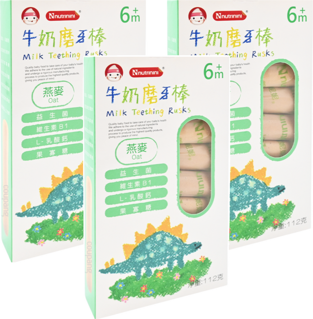 Nnutrinini 脆妮妮 牛奶磨牙棒 6個月以上, 燕麥, 112g, 3盒