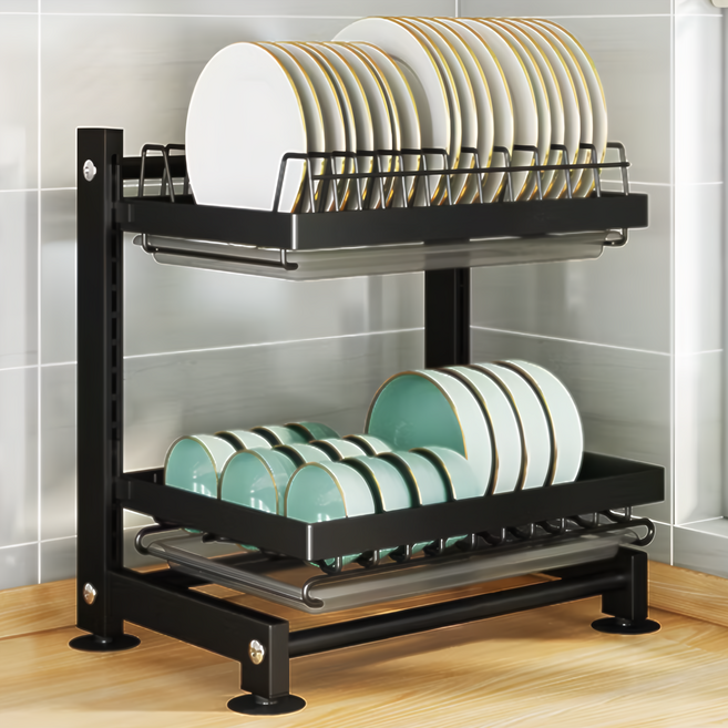 德利生活 碗盤瀝水置物架 2層, 黑色, 1個