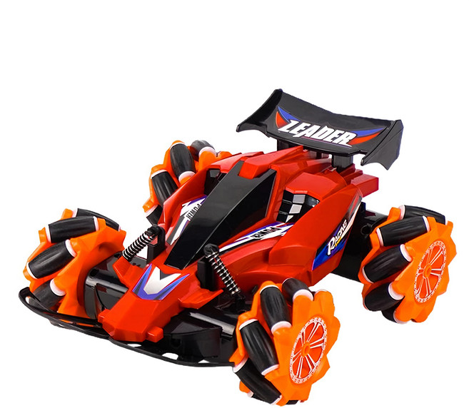 AJ18麥克納姆輪酷炫特技遙控車 2.4G自動對頻 配備3.7V充電電池 全方位特技 360度自轉 橫向飄移 跳舞演示 多彩燈光音樂, A版 紅色, 1個