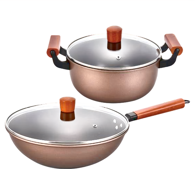 FRANCASINO 弗南希諾 碳鋼麥金雙鍋組 3650g, 30cm炒鍋 + 24cm湯鍋 + 2個蓋子, 麥金色, 1組