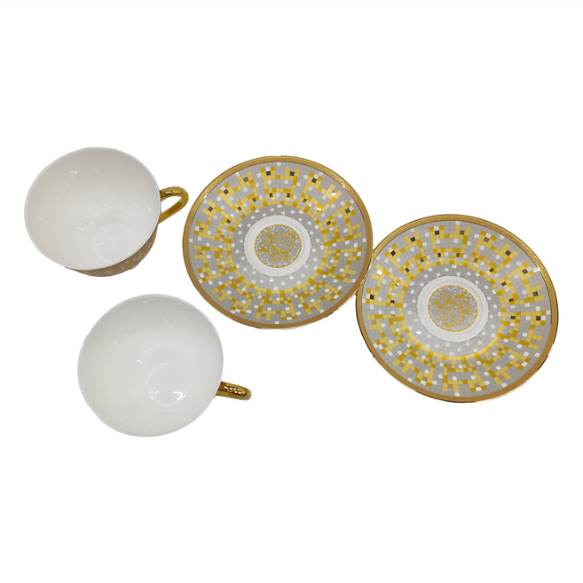 A&L 骨瓷咖啡對杯禮盒組 杯子2個 + 盤子2個 1075g, 馬賽克 多色, 1組