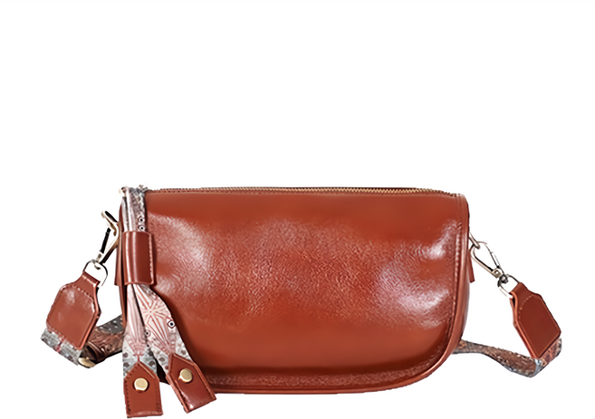 真皮 頭層牛皮 民族風加寬背肩背女包 單肩/斜跨 拉鍊開口, 深棕色