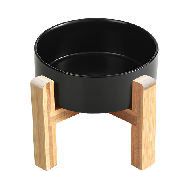 毛皇上 加高木架陶瓷碗 小款, 黑色, 1個