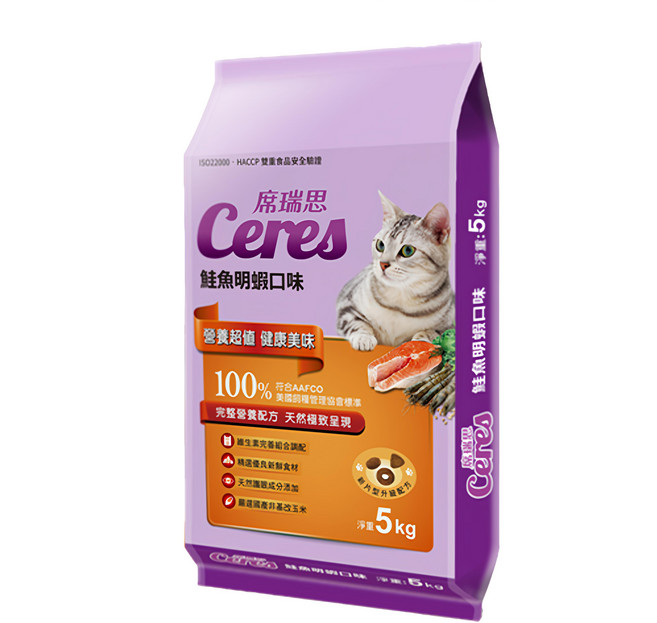 Ceres 席瑞思 貓食 乾糧 完善維生素組合 新鮮食材 添加護眼成分 國產非基改玉米, 鮭魚明蝦, 5kg, 1袋