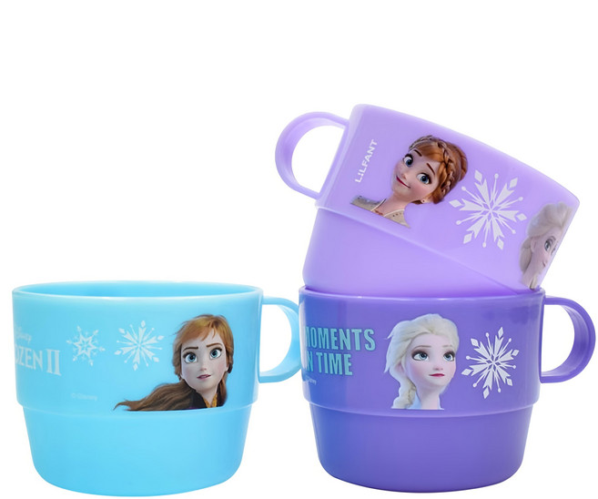 LiLFANT 迪士尼冰雪奇緣把手杯3件組兒童水杯, 艾莎安娜, 250ml, 3個