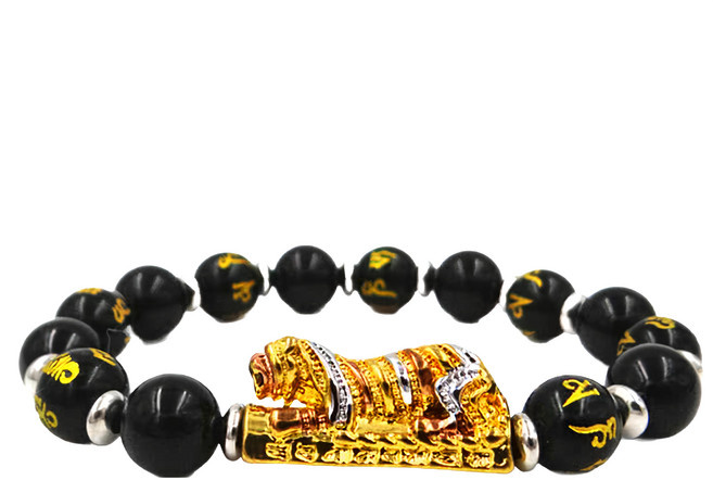 喜緣玉品 金虎爺發財咒旺運念珠 10mm圓珠, 黑曜石, 1個