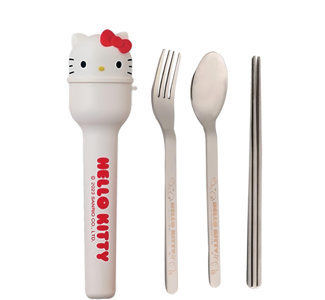 Sanrio 三麗鷗 Hello Kitty 凱蒂貓 隨行不鏽鋼餐具組, 湯匙 + 筷子 + 叉子 + 收納盒, 白色, 1組