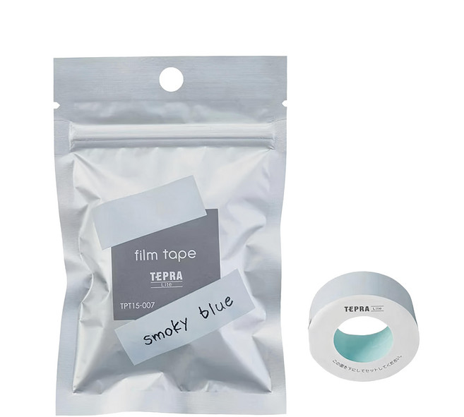 KING JIM TEPRA LITE 熱感式標籤薄膜自黏膠帶 15mm, 4m, 煙燻藍
