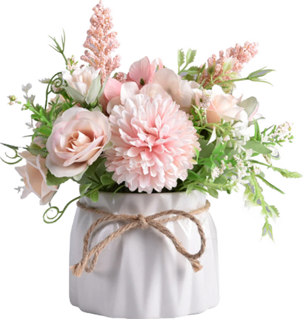 eclat 人造北歐ins風迷你療癒陶瓷麻繩小盆栽, 兔耳粉玫瑰, 1個