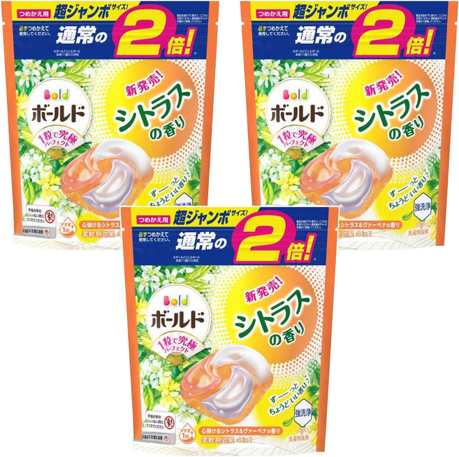 Bold 日本原裝進口 4in1 超強洗淨4D洗衣膠囊補充裝 柑橘馬鞭草, 22顆, 3袋