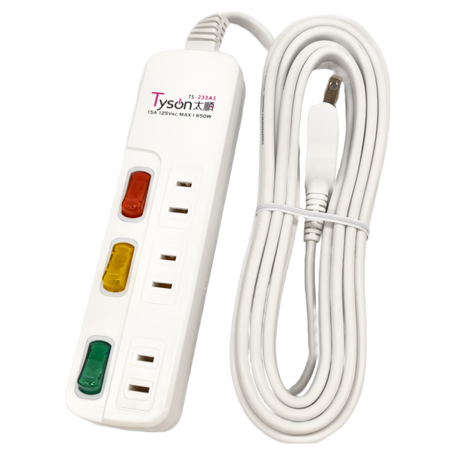 Tyson 太順電業 2孔3開3插防雷擊延長線插座 15尺 TS-233AS, 4.5m, 白色, 1個