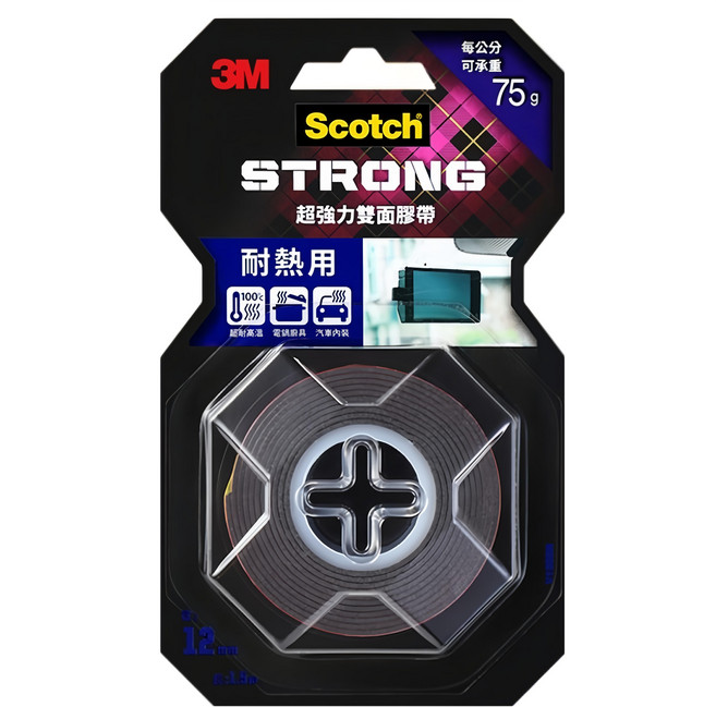 3M SCOTCH 耐熱用超強力雙面膠帶 V1206N 1.5m x 12mm, 黑色, 1個