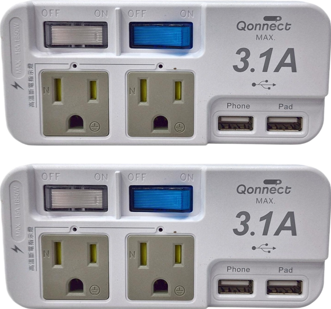 Qonnect 2開2插分接式高溫斷電USB插座 3孔, 白色, 2個