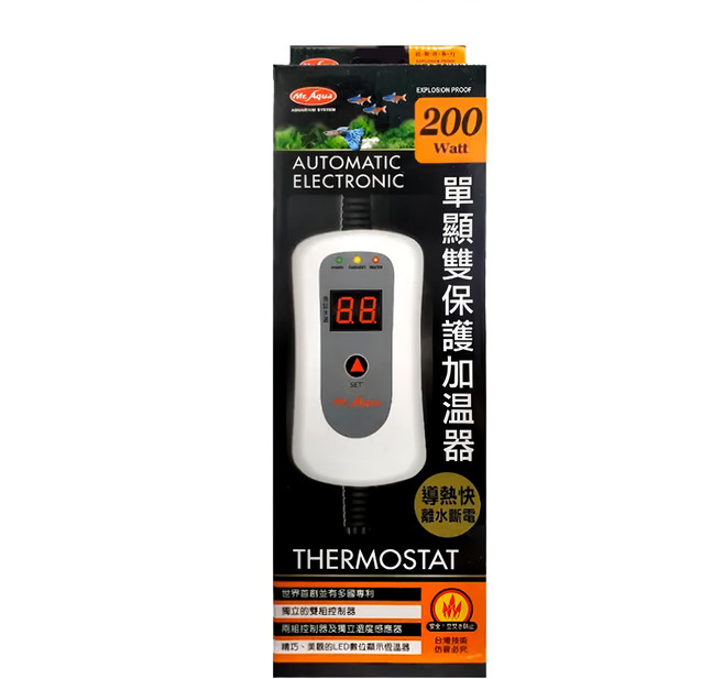 MR.AQUA 水族先生單顯雙保護加溫器200W 魚缸恆溫加熱棒 智能控溫 LED顯示, 1個