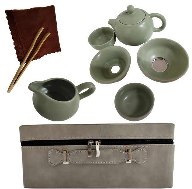 汝窯旅行茶具套組 附收納盒, 茶壺 + 茶杯6個 + 公道杯 + 茶漏組 + 茶葉罐 + 茶巾 + 茶夾 + 茶盤 + 收納盒, 綠色, 1個