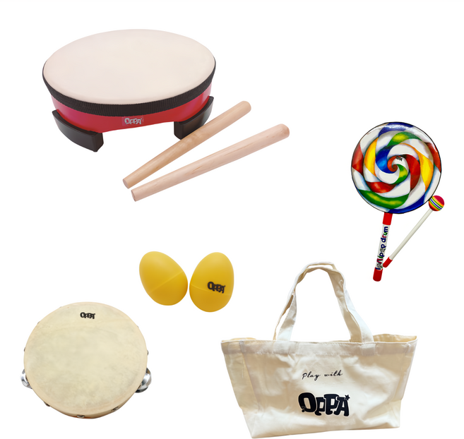 OPPA 奧福樂器 地鼓敲敲樂器4件組 地鼓 + 鈴鼓 + 蛋沙鈴 + 棒棒糖鼓 附收納袋, 1組, 紅色