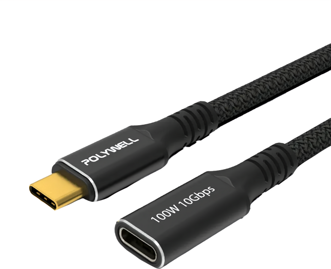 POLYWELL 寶利威爾 黑金剛 USB3.2 Type-C 公對母延長線 Gen2 10G 100W PW15-W45-N012, 1條, 0.5m