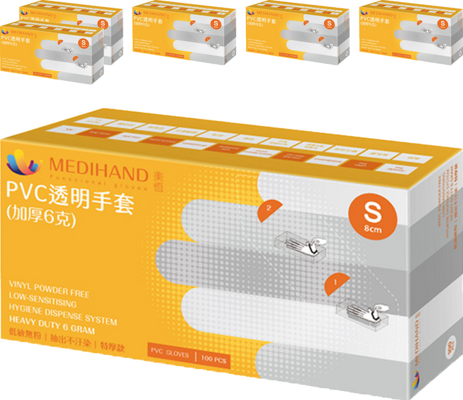 MEDIHAND 美恆 PVC透明手套 加厚6克 S, 100個, 6盒
