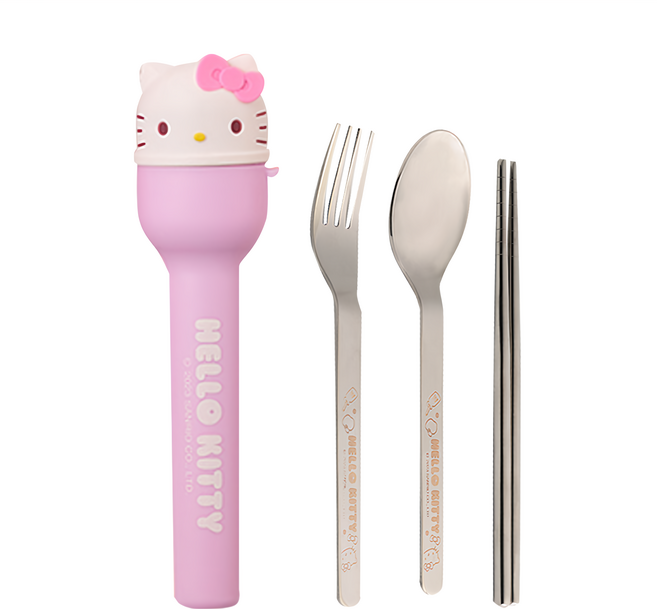 Sanrio 三麗鷗 Hello Kitty 凱蒂貓 隨行不鏽鋼餐具組, 湯匙 + 筷子 + 叉子 + 造型收納盒, 粉紫色, 1組