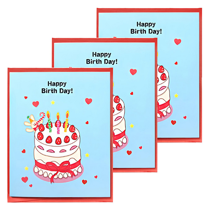 2Youngdesign 閃耀生日賀卡, 3張, 絲帶蛋糕生日快樂