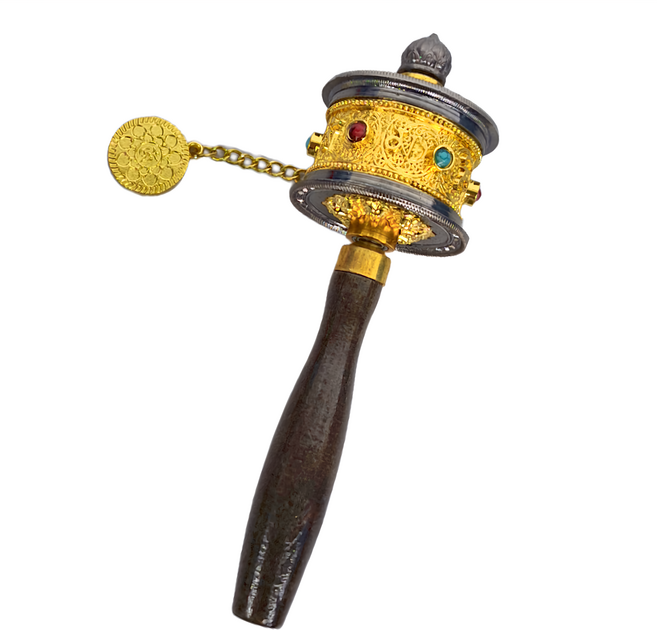 藏傳六字箴言手搖轉經輪 摩尼寶珠頂部 實木手柄 蓮花墜子, 黑配金, 1個