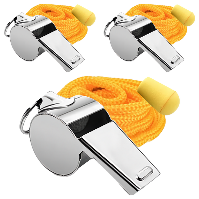 AHOYE 裁判級不鏽鋼哨子 木蕊設計 清脆響亮 掛繩設計, 銀色 + 黃色繩子, 3個