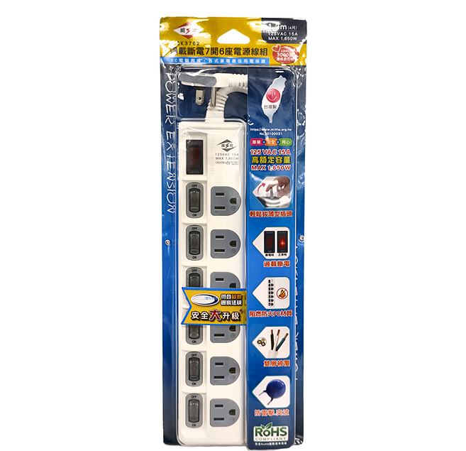 WeiTien 威電 過載7開6座電源線組 125VAC 15A 最大1650W 輕鬆拔薄型插頭 防雷擊突波吸收, 1.2m, 白色, 1個