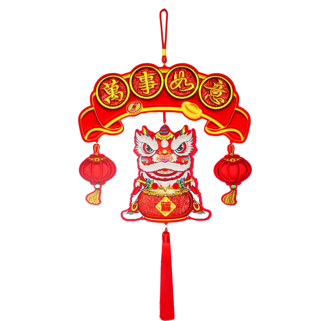MODACore 摩達客 春節開運招財 精緻刺繡萬事如意醒獅喜氣盈門流蘇吊飾掛飾, 紅色