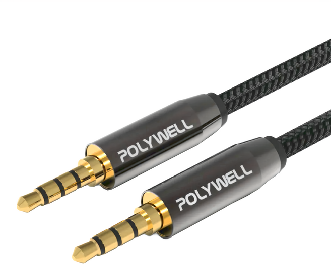 POLYWELL 寶利威爾 3.5mm 立體聲麥克風音源線 公對公四極, PW15-W52-B005, Black, 1條