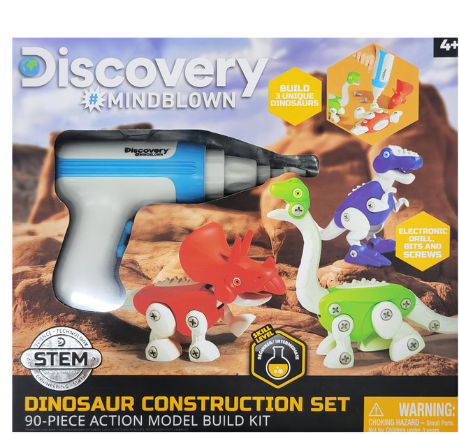 Discovery小小工程師恐龍模型套組 90件組裝模型 電子鑽頭及螺絲 適合4歲以上兒童, 紅色 + 藍色 + 綠色, 1組