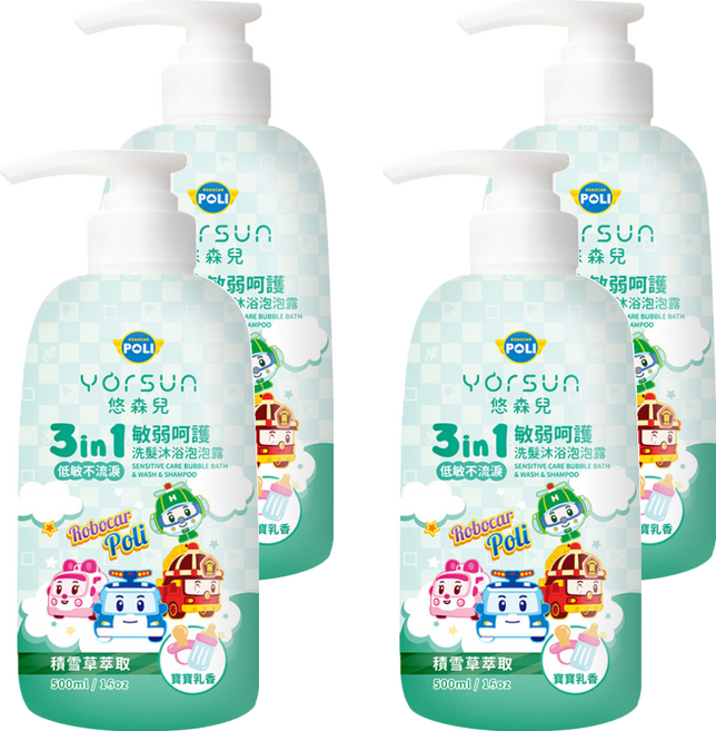 YOrSUn 悠森兒 Poli 波力 3in1洗髮沐浴泡泡露 敏弱呵護 寶寶乳香, 500ml, 4瓶